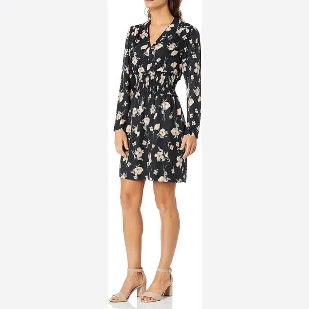 Rebecca Taylor Daniella floral long sleeve v-neck silk dress black